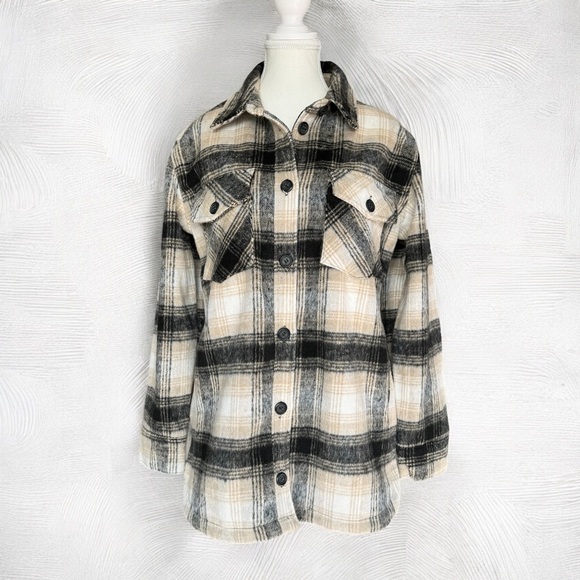 THREAD & SUPPLY Shirt Jacket Shacket S Black Tan Plaid Flannel Chore Pocket - Picture 12 of 15